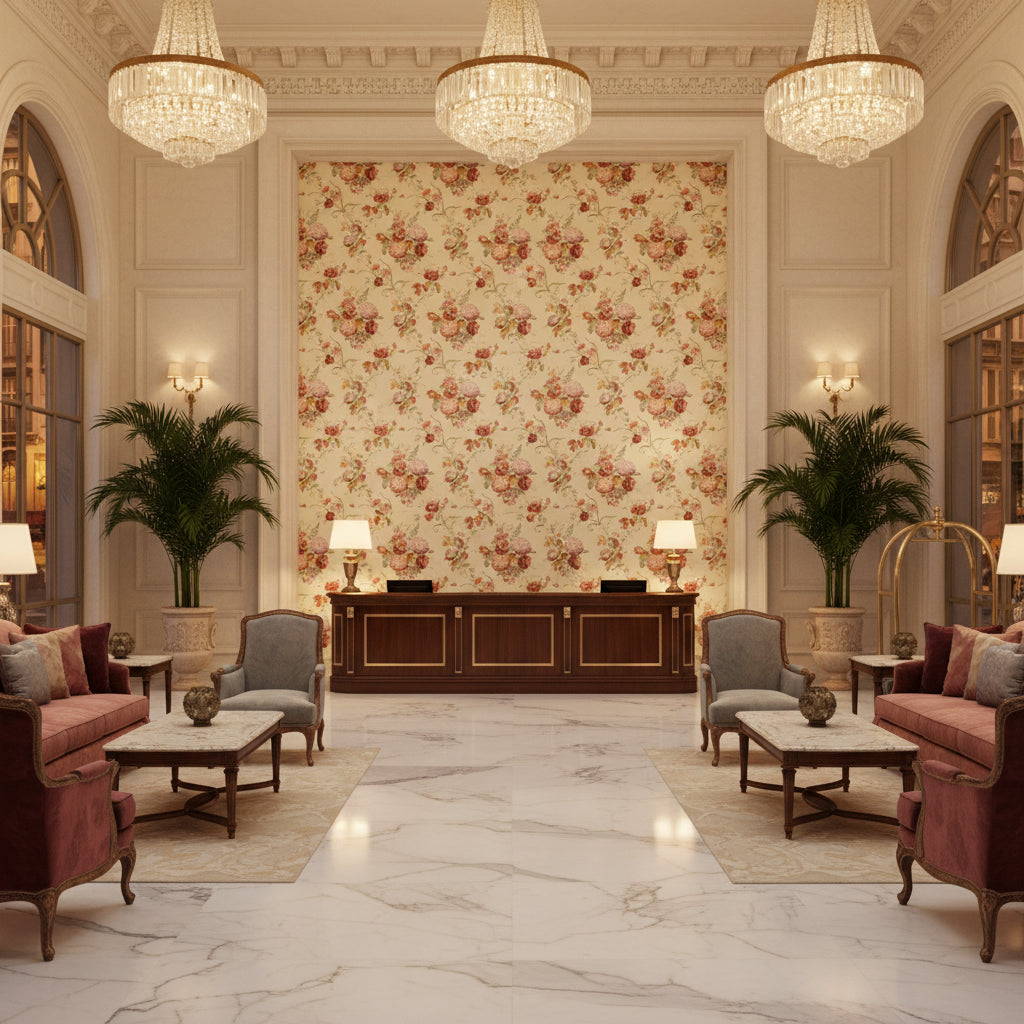 Adelyn Handblock Lilac | Kravet - Hotel Lobby Visualization (AI-generated, may not be to scale. Verify pattern scale with product specifications.)