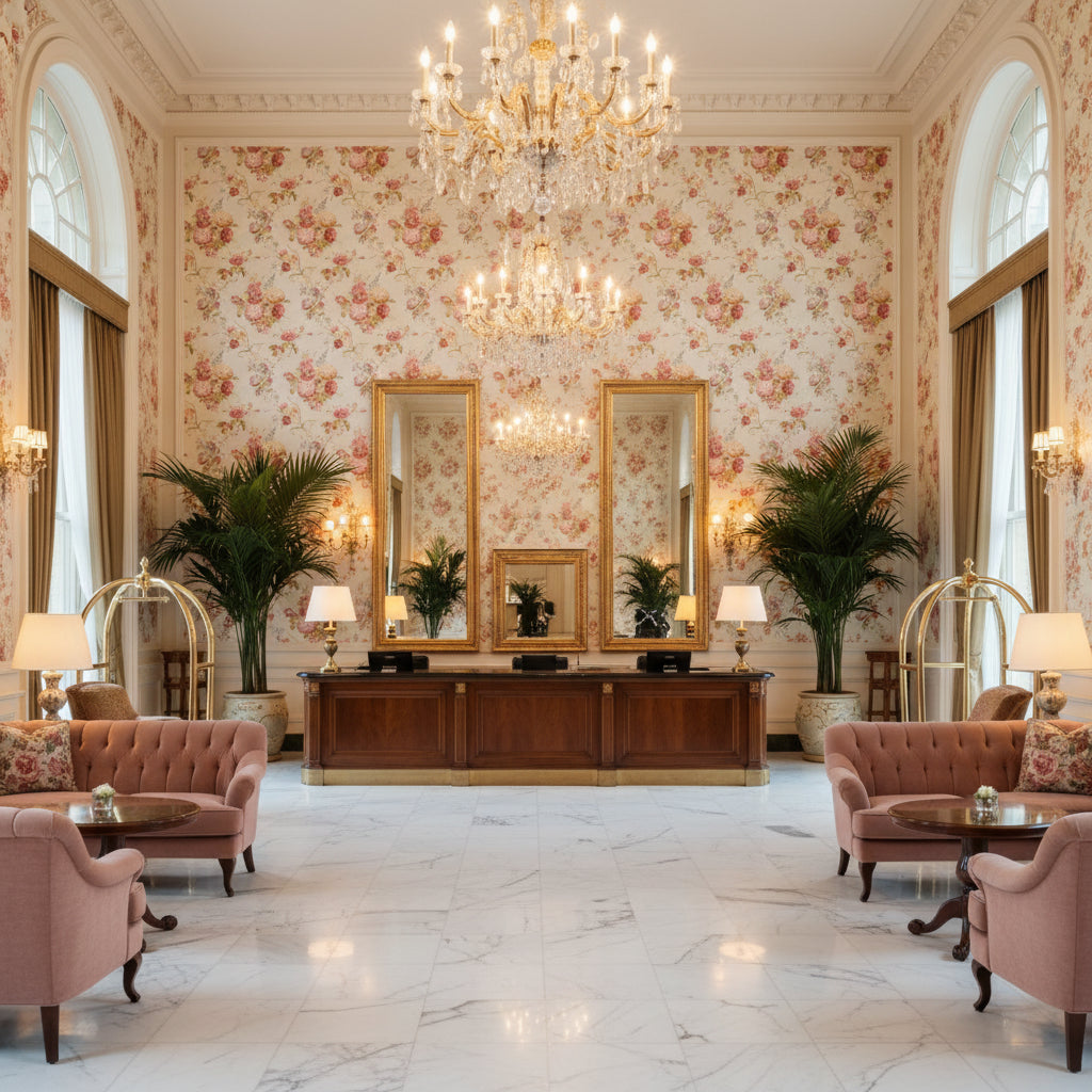 Adelyn Handblock Rose | Kravet - Hotel Lobby Visualization (AI-generated, may not be to scale. Verify pattern scale with product specifications.)
