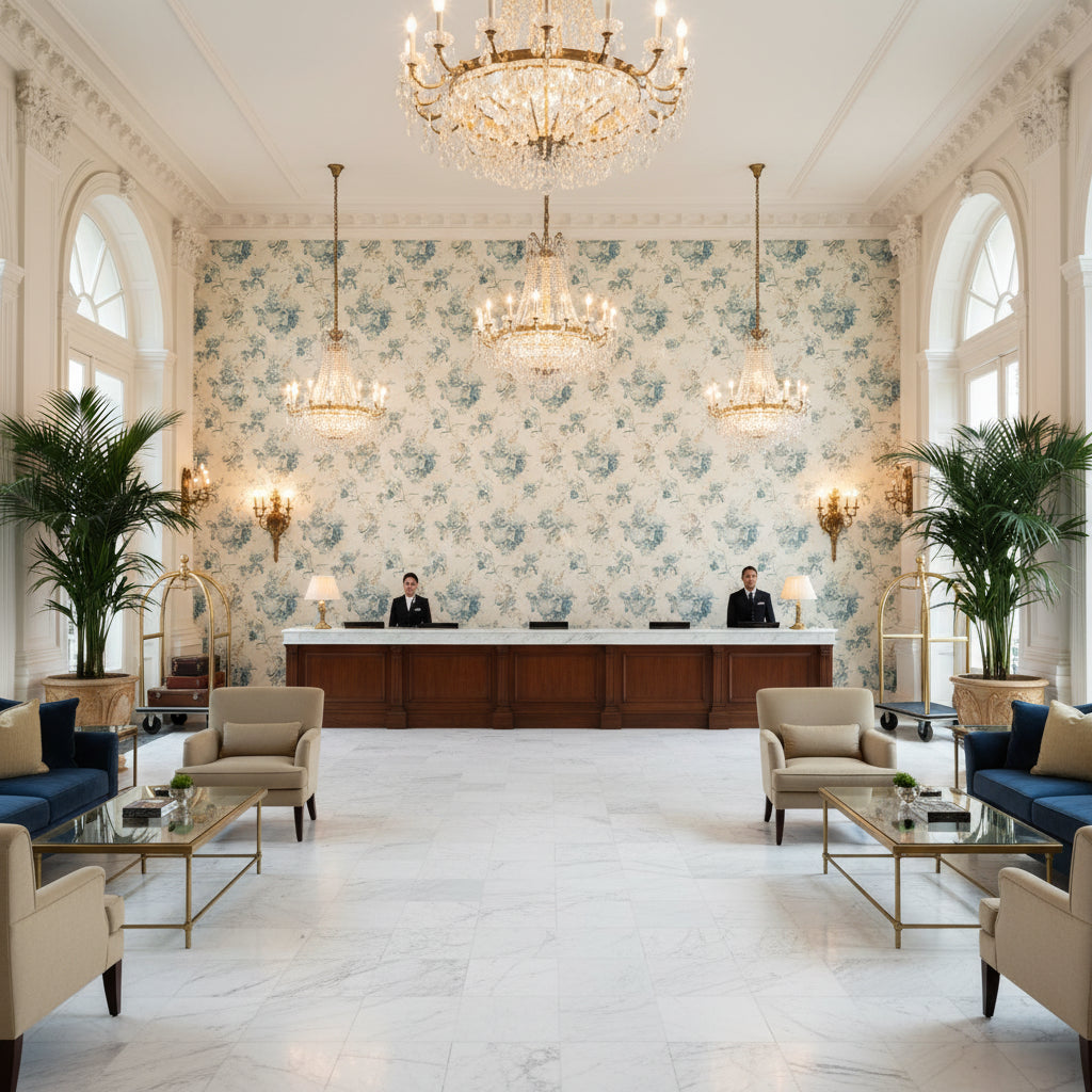Adelyn Handblock Blue | Kravet - Hotel Lobby Visualization (AI-generated, may not be to scale. Verify pattern scale with product specifications.)