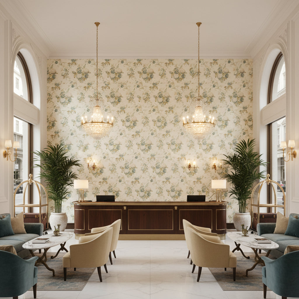 Adelyn Handblock Celadon | Kravet - Hotel Lobby Visualization (AI-generated, may not be to scale. Verify pattern scale with product specifications.)