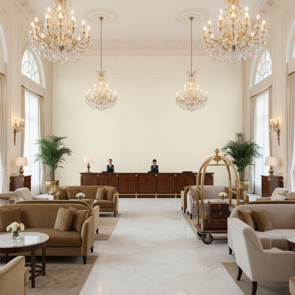 Coombes Sheer Ivory | Kravet - Hotel Lobby Visualization (AI-generated, may not be to scale. Verify pattern scale with product specifications.)