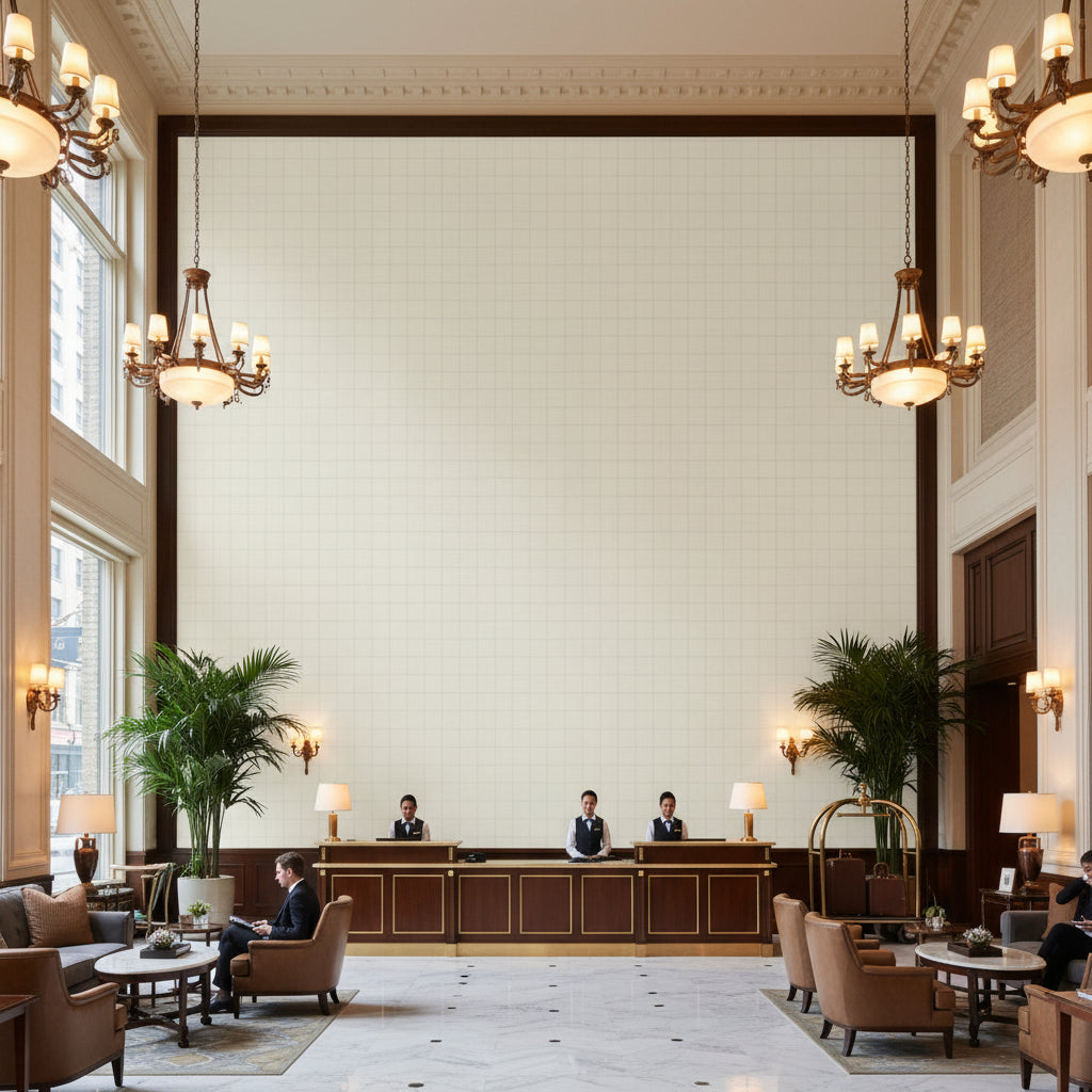 Coombes Sheer ivory | Kravet - Hotel Lobby Visualization (AI-generated, may not be to scale. Verify pattern scale with product specifications.)