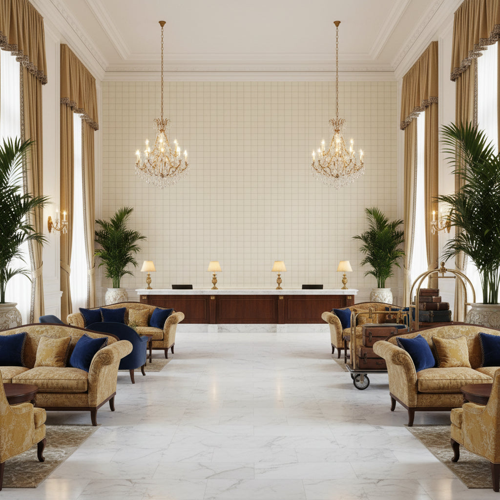 Coombes Sheer Linen | Kravet - Hotel Lobby Visualization (AI-generated, may not be to scale. Verify pattern scale with product specifications.)
