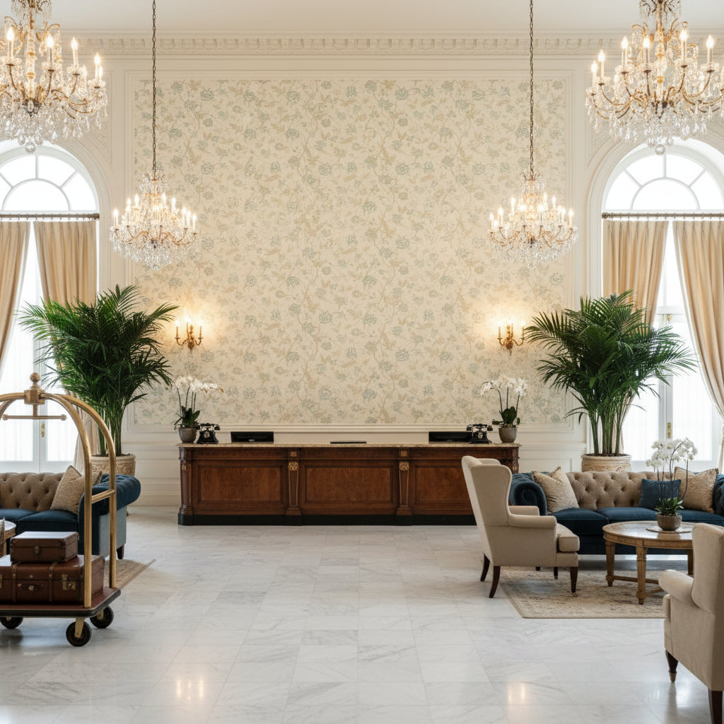 Avignon Print Aqua/Sage | Kravet - Hotel Lobby Visualization (AI-generated, may not be to scale. Verify pattern scale with product specifications.)