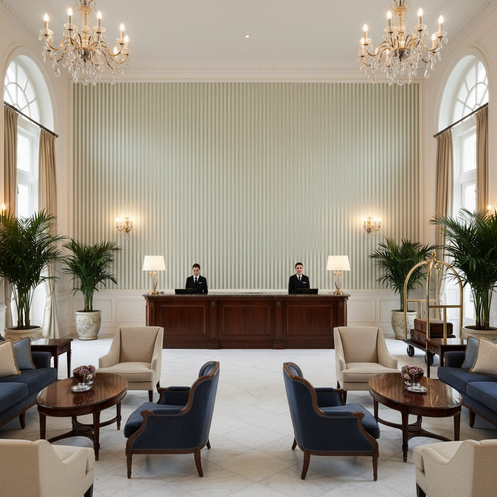 Cap Ferrat Stripe Mineral | Kravet - Hotel Lobby Visualization (AI-generated, may not be to scale. Verify pattern scale with product specifications.)
