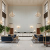 Cap Ferrat Stripe Sky | Kravet - Hotel Lobby Visualization (AI-generated, may not be to scale. Verify pattern scale with product specifications.)