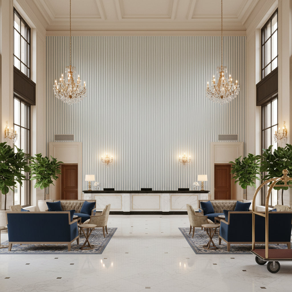 Cap Ferrat Stripe Sky | Kravet - Hotel Lobby Visualization (AI-generated, may not be to scale. Verify pattern scale with product specifications.)