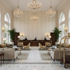 Cap Ferrat Stripe Beige | Kravet - Hotel Lobby Visualization (AI-generated, may not be to scale. Verify pattern scale with product specifications.)