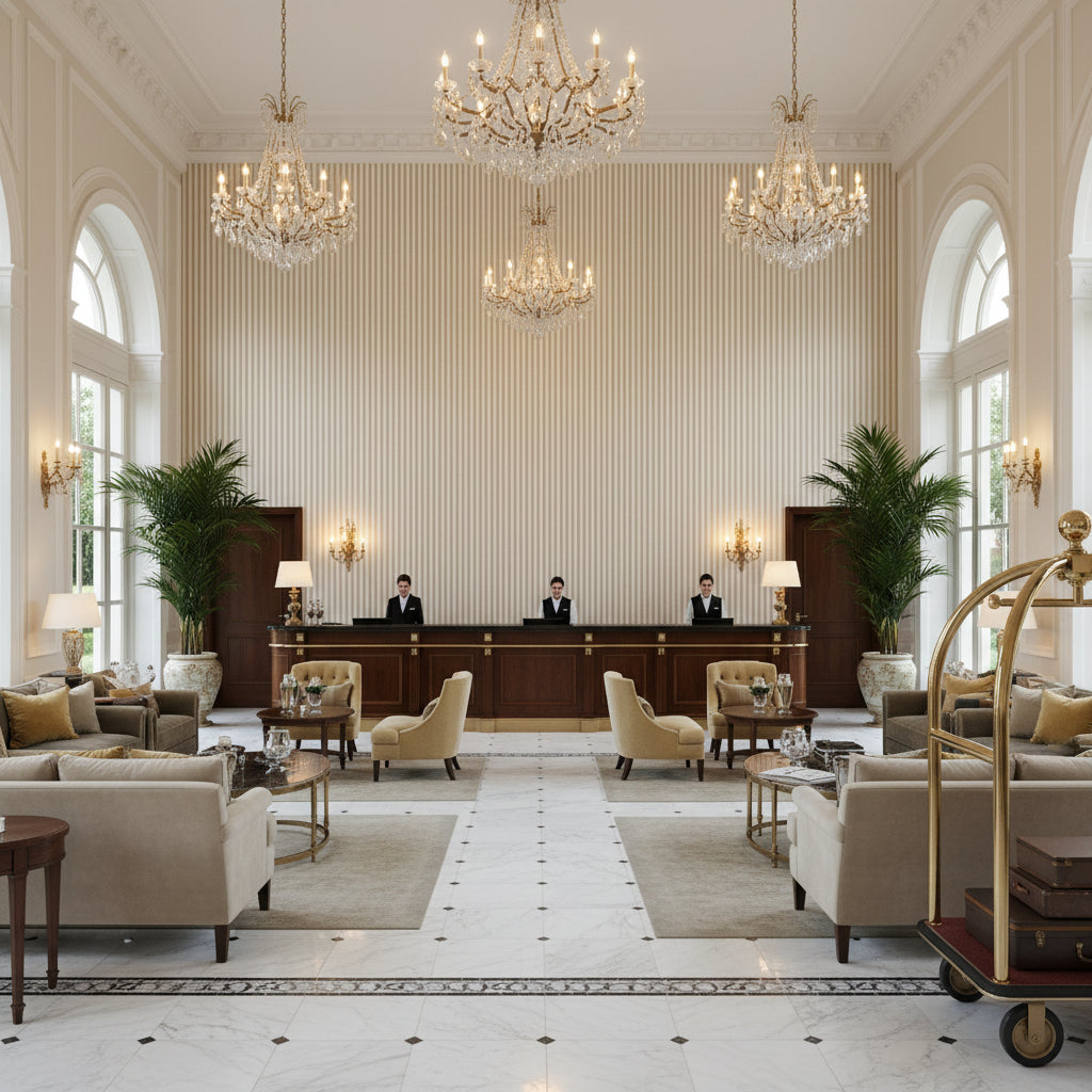 Cap Ferrat Stripe Beige | Kravet - Hotel Lobby Visualization (AI-generated, may not be to scale. Verify pattern scale with product specifications.)
