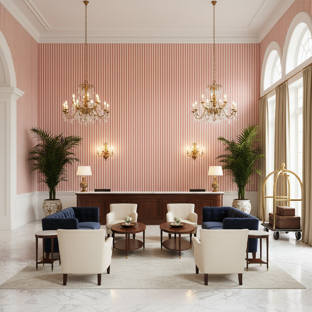 Cap Ferrat Stripe Red | Kravet - Hotel Lobby Visualization (AI-generated, may not be to scale. Verify pattern scale with product specifications.)