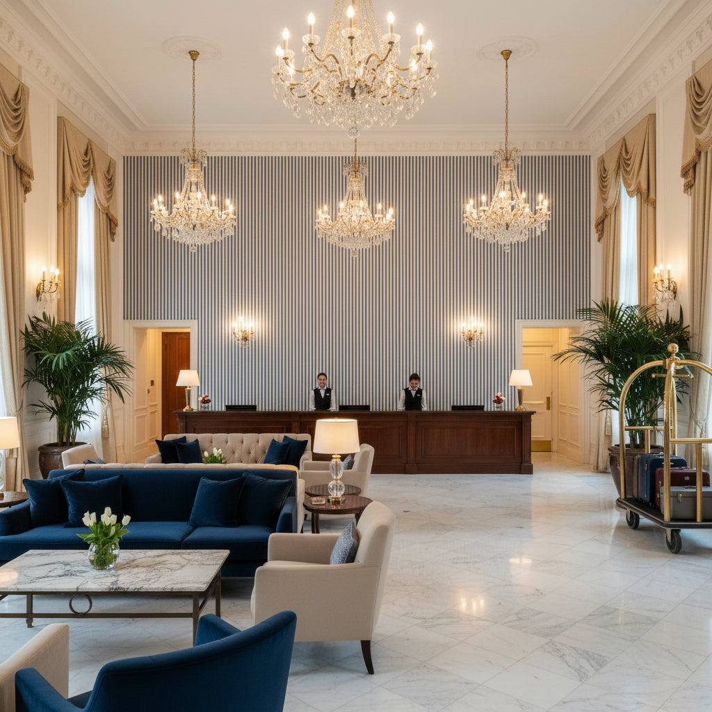 Cap Ferrat Stripe Marine | Kravet - Hotel Lobby Visualization (AI-generated, may not be to scale. Verify pattern scale with product specifications.)