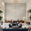 Gemma Velvet Dove | Kravet - Hotel Lobby Visualization (AI-generated, may not be to scale. Verify pattern scale with product specifications.)
