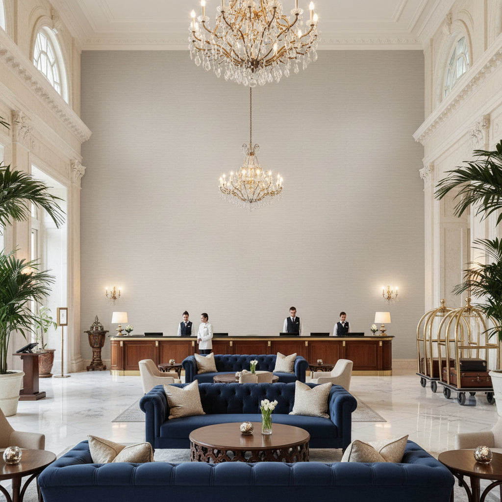 Gemma Velvet Dove | Kravet - Hotel Lobby Visualization (AI-generated, may not be to scale. Verify pattern scale with product specifications.)
