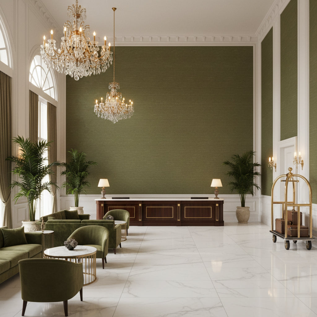 Gemma Velvet olive green | Kravet - Hotel Lobby Visualization (AI-generated, may not be to scale. Verify pattern scale with product specifications.)