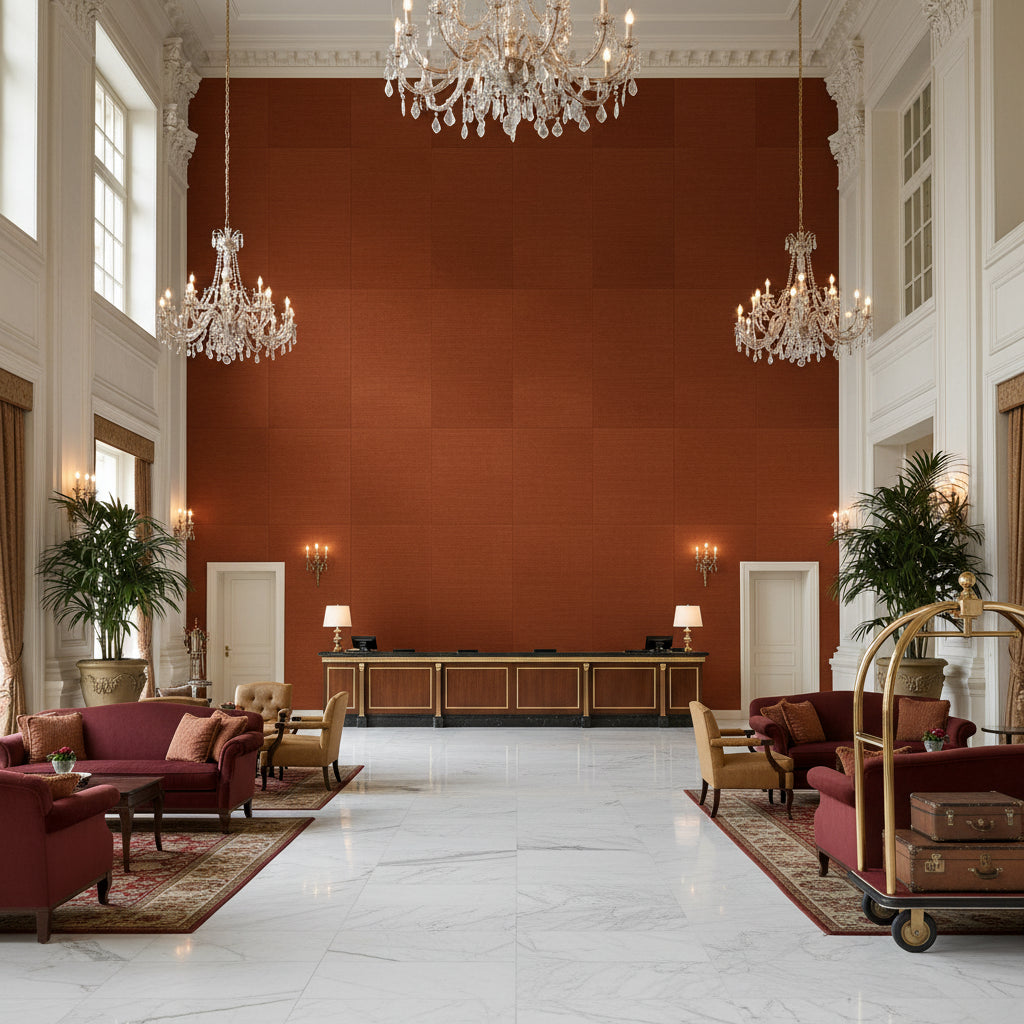 Gemma Velvet Spice | Kravet - Hotel Lobby Visualization (AI-generated, may not be to scale. Verify pattern scale with product specifications.)