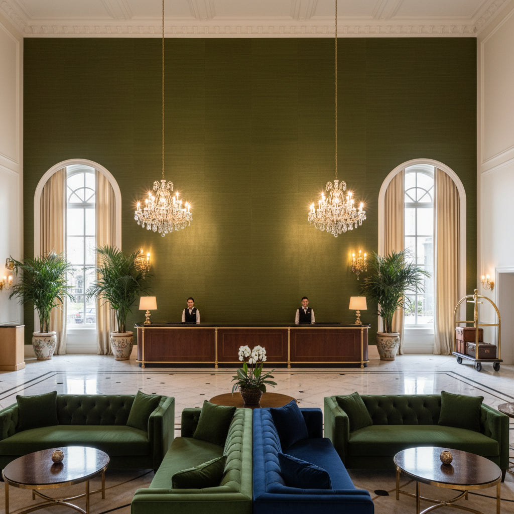 Gemma Velvet Moss | Kravet - Hotel Lobby Visualization (AI-generated, may not be to scale. Verify pattern scale with product specifications.)