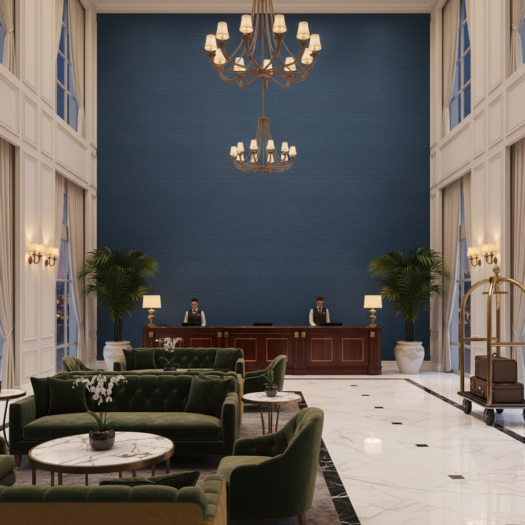 Gemma Velvet Blue | Kravet - Hotel Lobby Visualization (AI-generated, may not be to scale. Verify pattern scale with product specifications.)