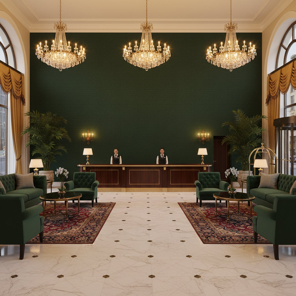 Gemma Velvet Emerald | Kravet - Hotel Lobby Visualization (AI-generated, may not be to scale. Verify pattern scale with product specifications.)