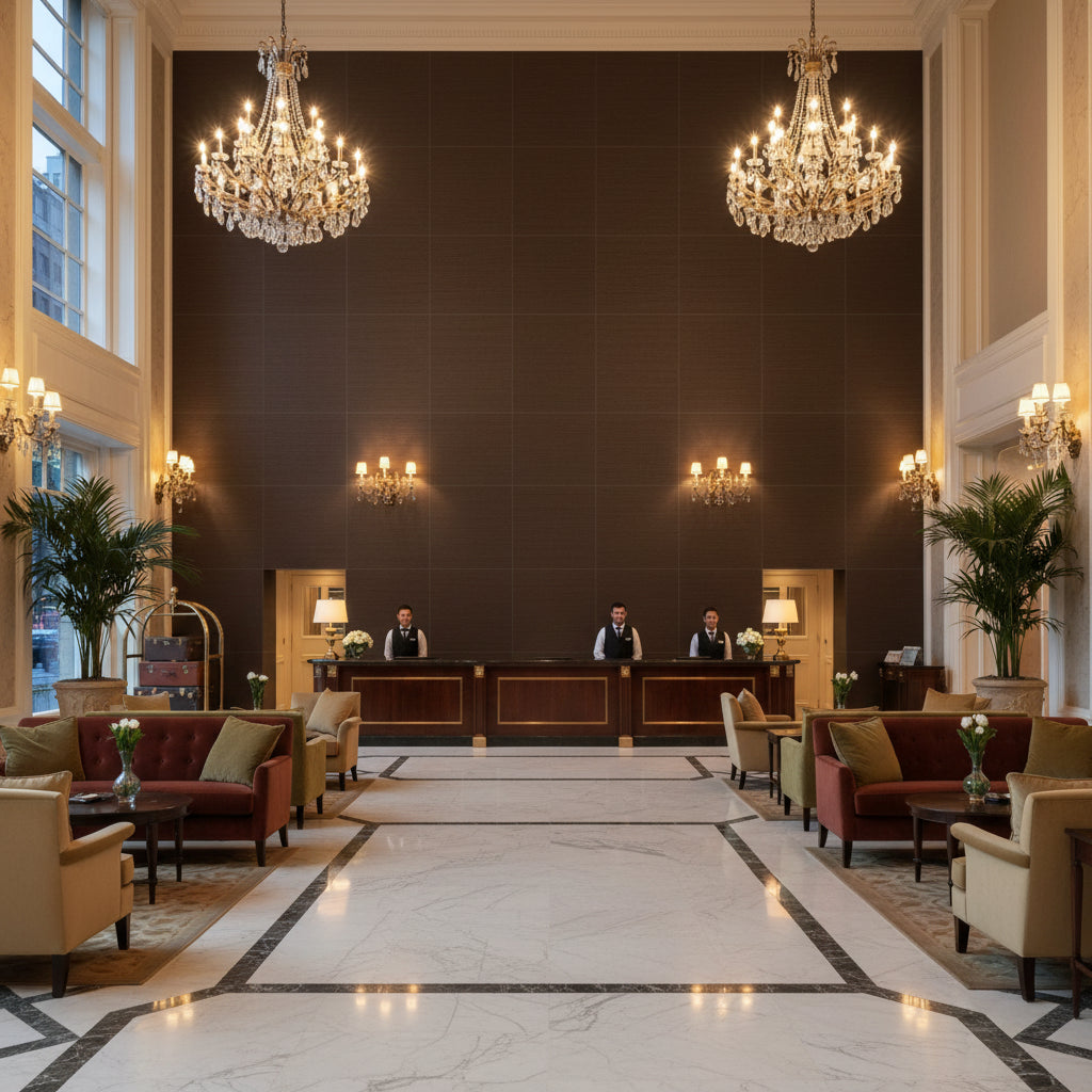 Gemma Velvet Cocoa | Kravet - Hotel Lobby Visualization (AI-generated, may not be to scale. Verify pattern scale with product specifications.)