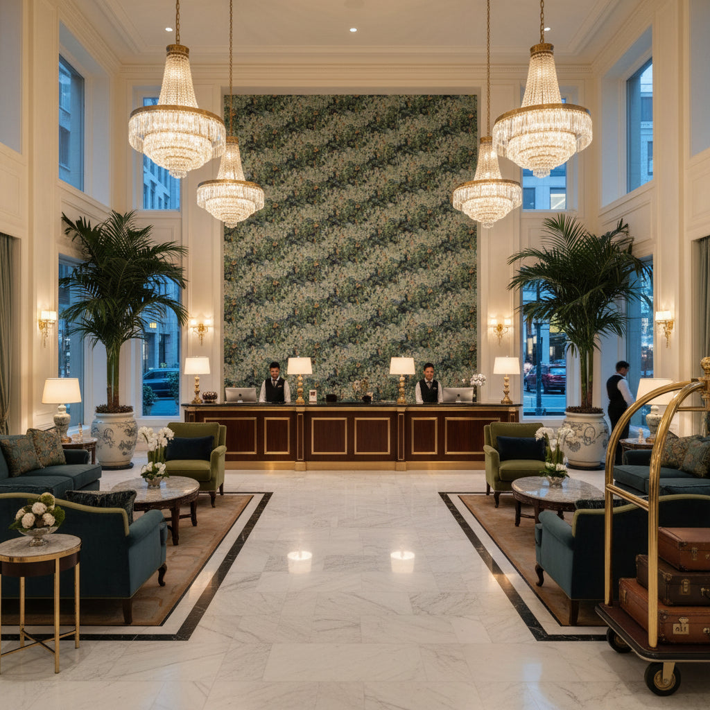 Arley Print Lagoon | Kravet - Hotel Lobby Visualization (AI-generated, may not be to scale. Verify pattern scale with product specifications.)