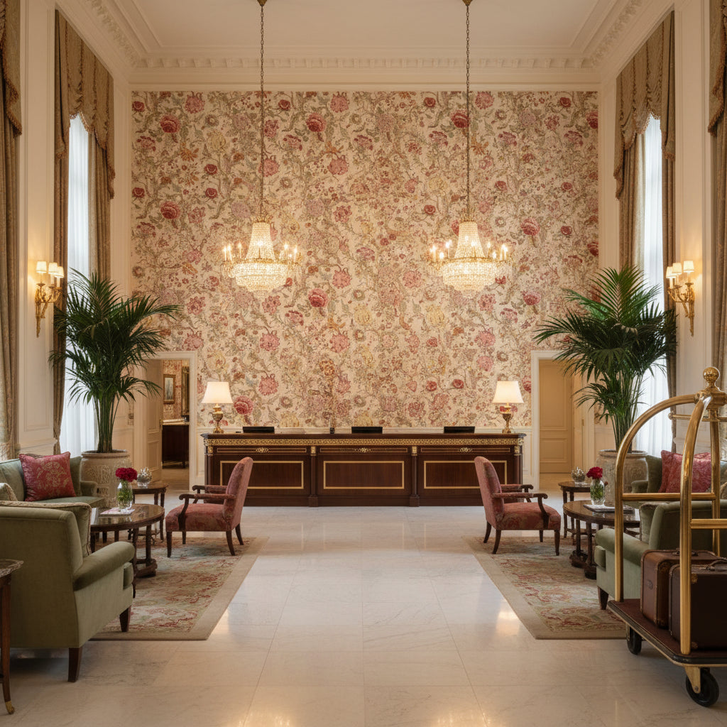 Adlington Rose | Kravet - Hotel Lobby Visualization (AI-generated, may not be to scale. Verify pattern scale with product specifications.)