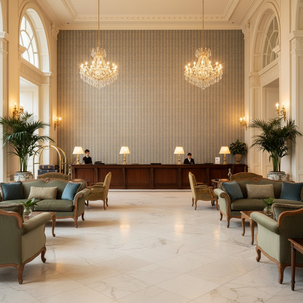 Shaw Damask Mist | Kravet - Hotel Lobby Visualization (AI-generated, may not be to scale. Verify pattern scale with product specifications.)