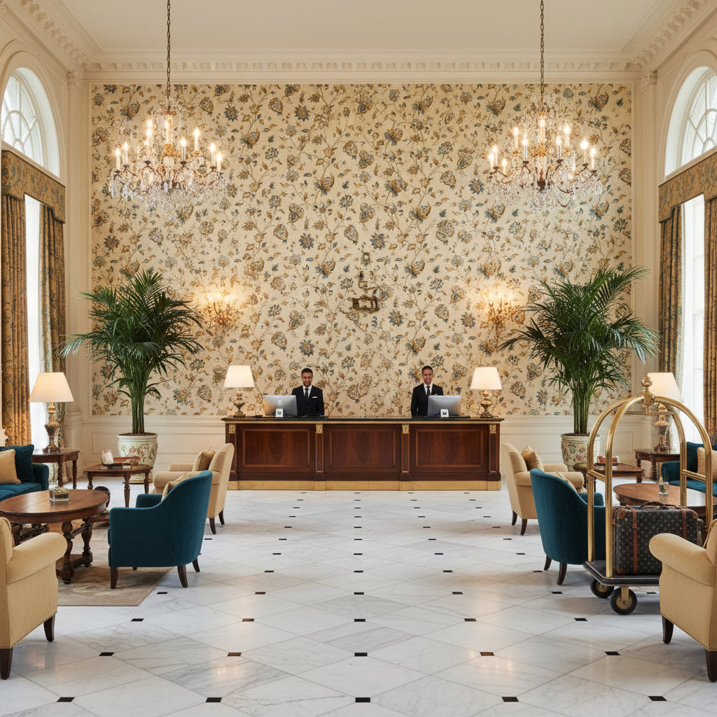 Hollin Print Peacock | Kravet - Hotel Lobby Visualization (AI-generated, may not be to scale. Verify pattern scale with product specifications.)
