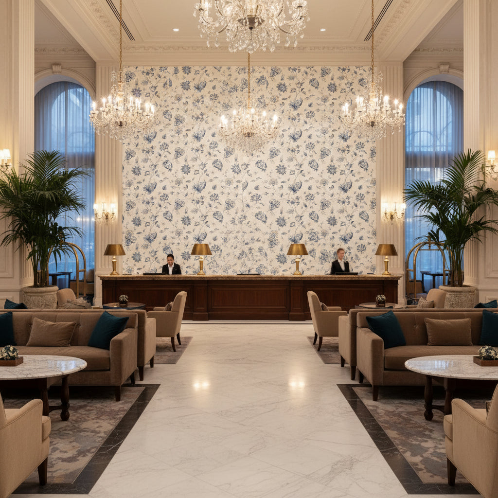 Hollin Print Indigo | Kravet - Hotel Lobby Visualization (AI-generated, may not be to scale. Verify pattern scale with product specifications.)