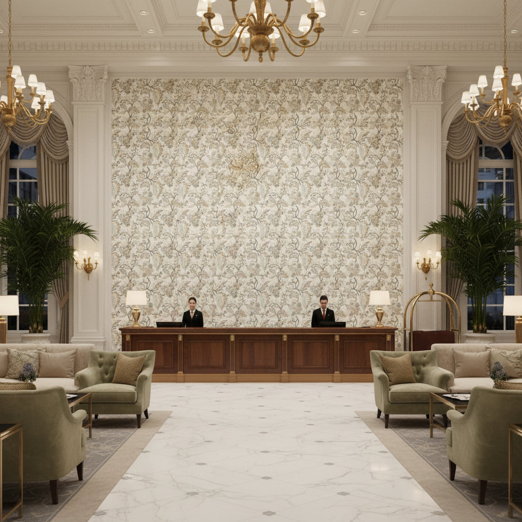 Orford Embroidery Leaf/Mist | Kravet - Hotel Lobby Visualization (AI-generated, may not be to scale. Verify pattern scale with product specifications.)