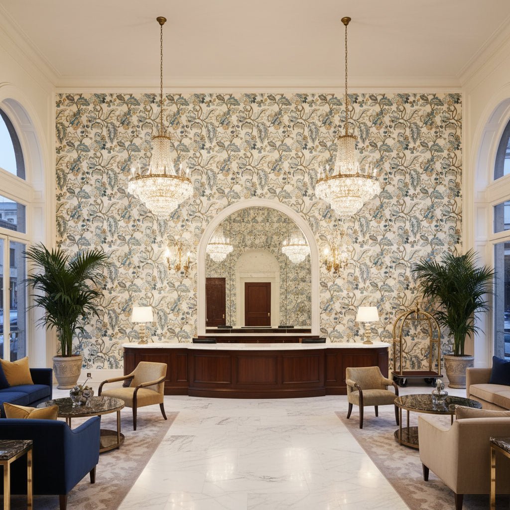 Orford Embroidery Blue/Gold | Kravet - Hotel Lobby Visualization (AI-generated, may not be to scale. Verify pattern scale with product specifications.)