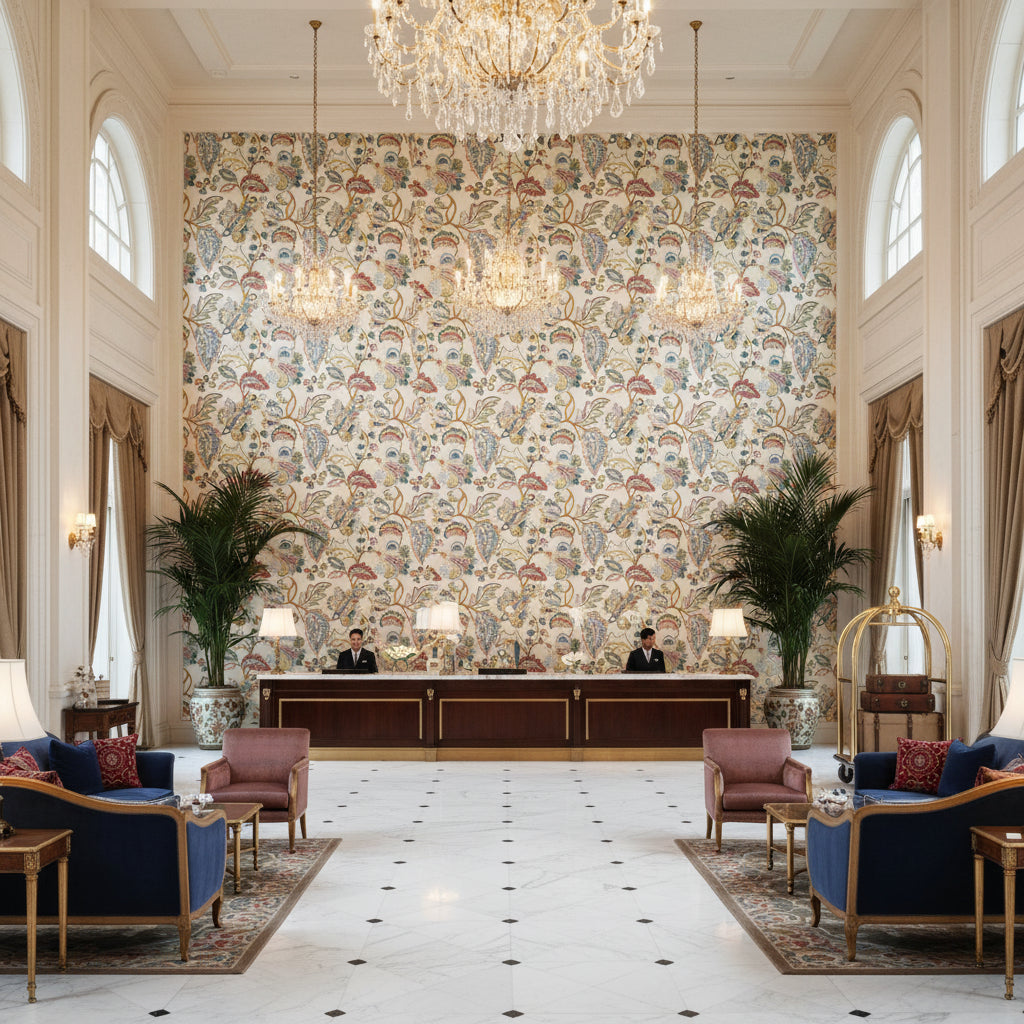 Orford Embroidery Red/Blue | Kravet - Hotel Lobby Visualization (AI-generated, may not be to scale. Verify pattern scale with product specifications.)
