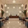Taplow Print Sea Mist | Kravet - Hotel Lobby Visualization (AI-generated, may not be to scale. Verify pattern scale with product specifications.)