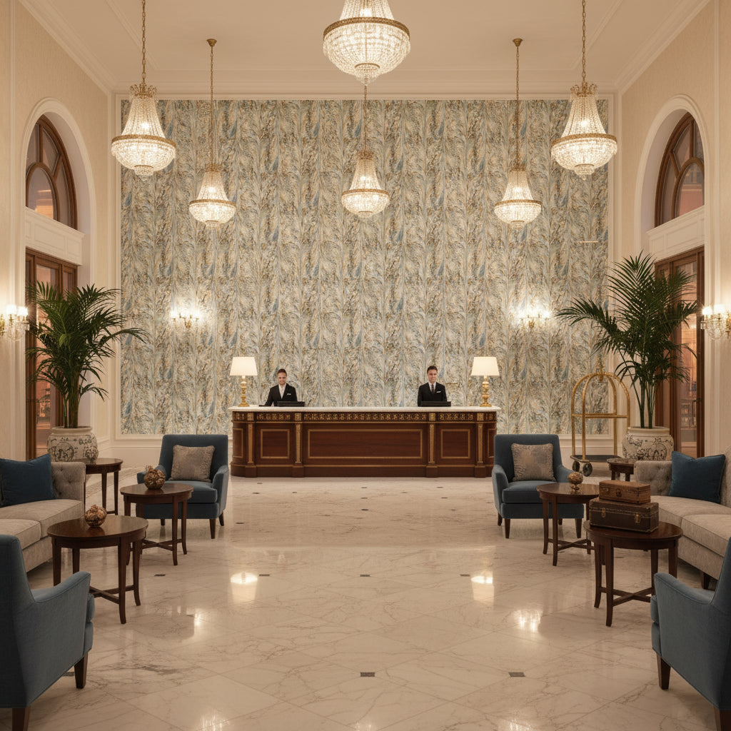 Taplow Print Sea Mist | Kravet - Hotel Lobby Visualization (AI-generated, may not be to scale. Verify pattern scale with product specifications.)