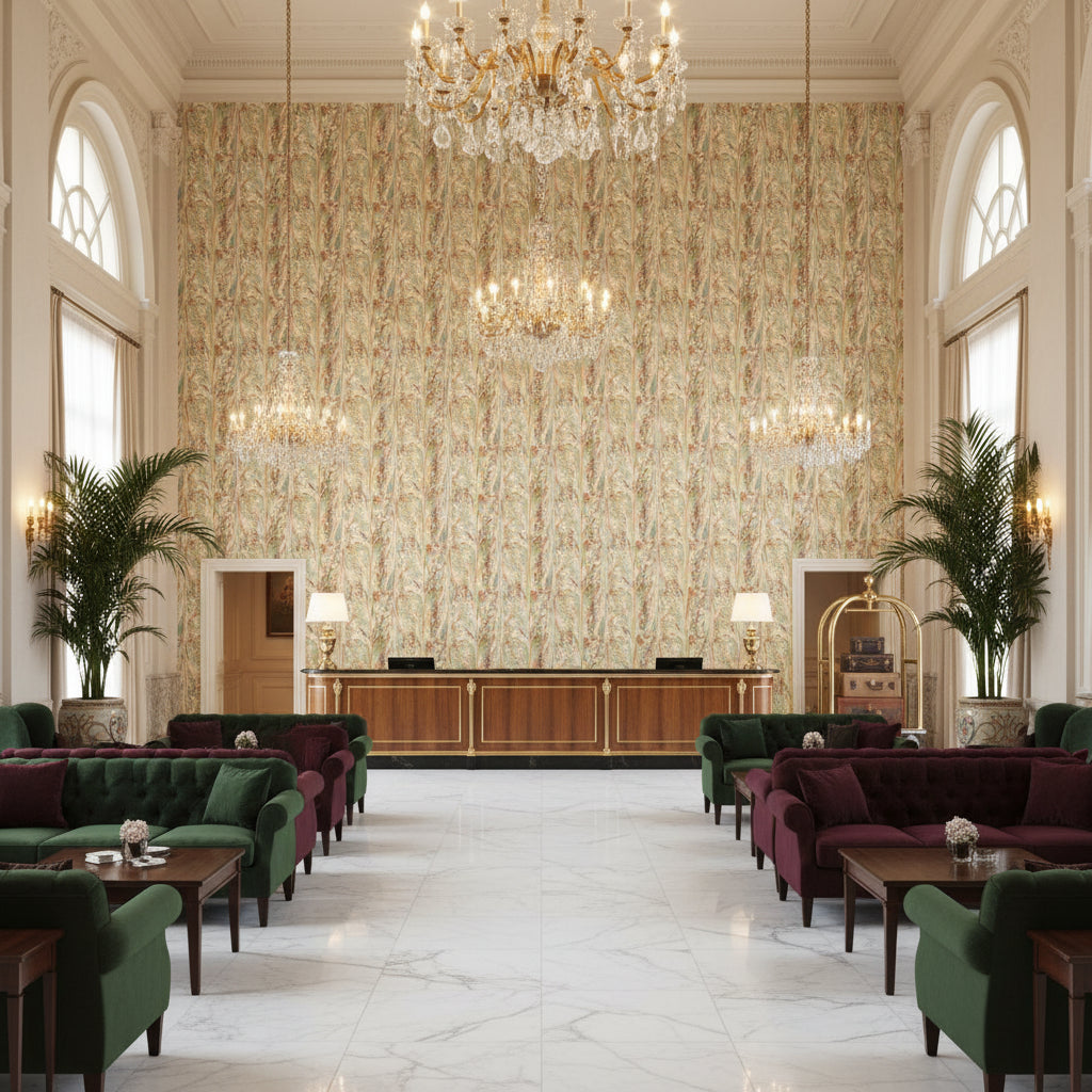 Taplow Print Juniper/Petal | Kravet - Hotel Lobby Visualization (AI-generated, may not be to scale. Verify pattern scale with product specifications.)