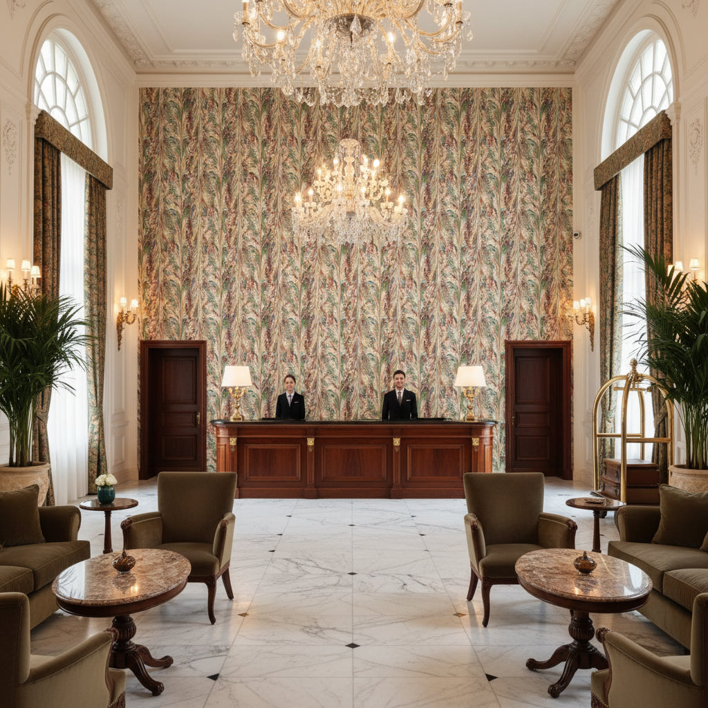 Taplow Print Spice/Leaf | Kravet - Hotel Lobby Visualization (AI-generated, may not be to scale. Verify pattern scale with product specifications.)
