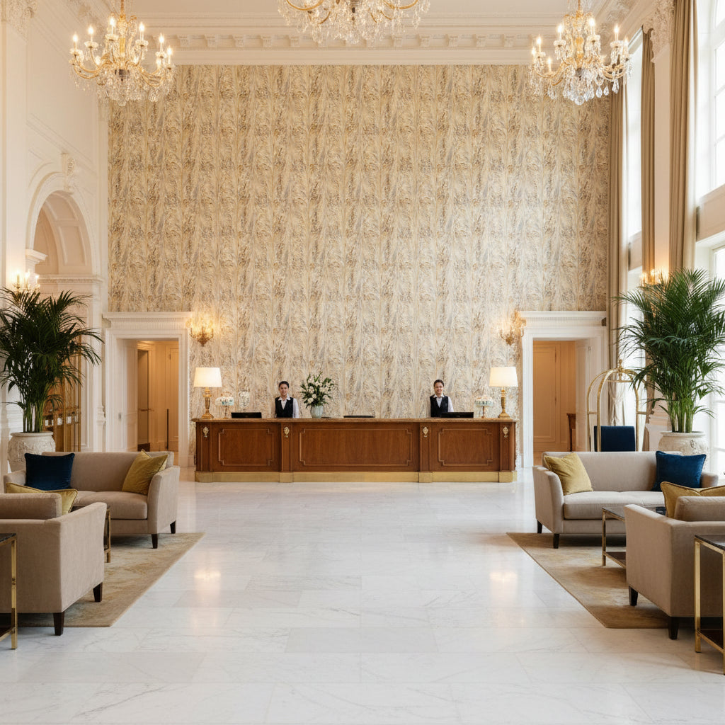 Taplow Print Sand/Dove | Kravet - Hotel Lobby Visualization (AI-generated, may not be to scale. Verify pattern scale with product specifications.)