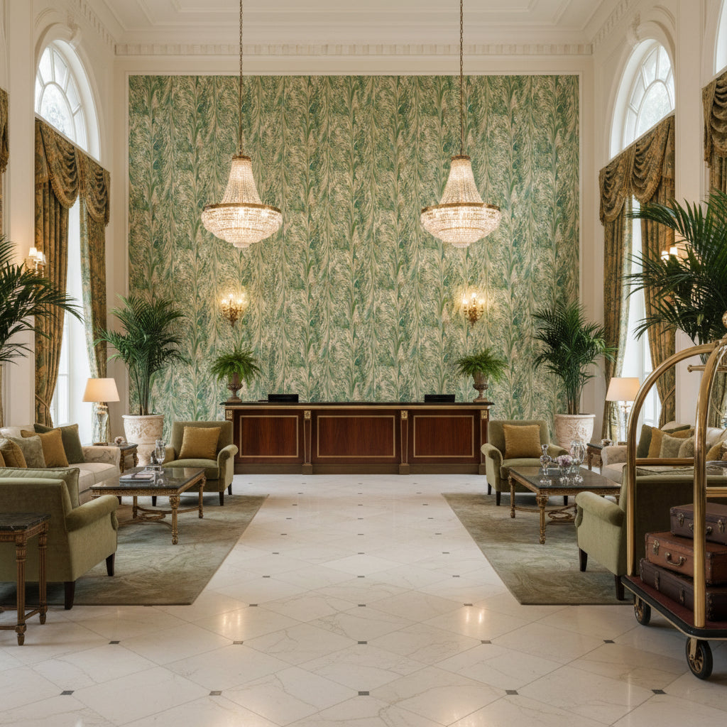 Taplow Print Jade/Leaf | Kravet - Hotel Lobby Visualization (AI-generated, may not be to scale. Verify pattern scale with product specifications.)