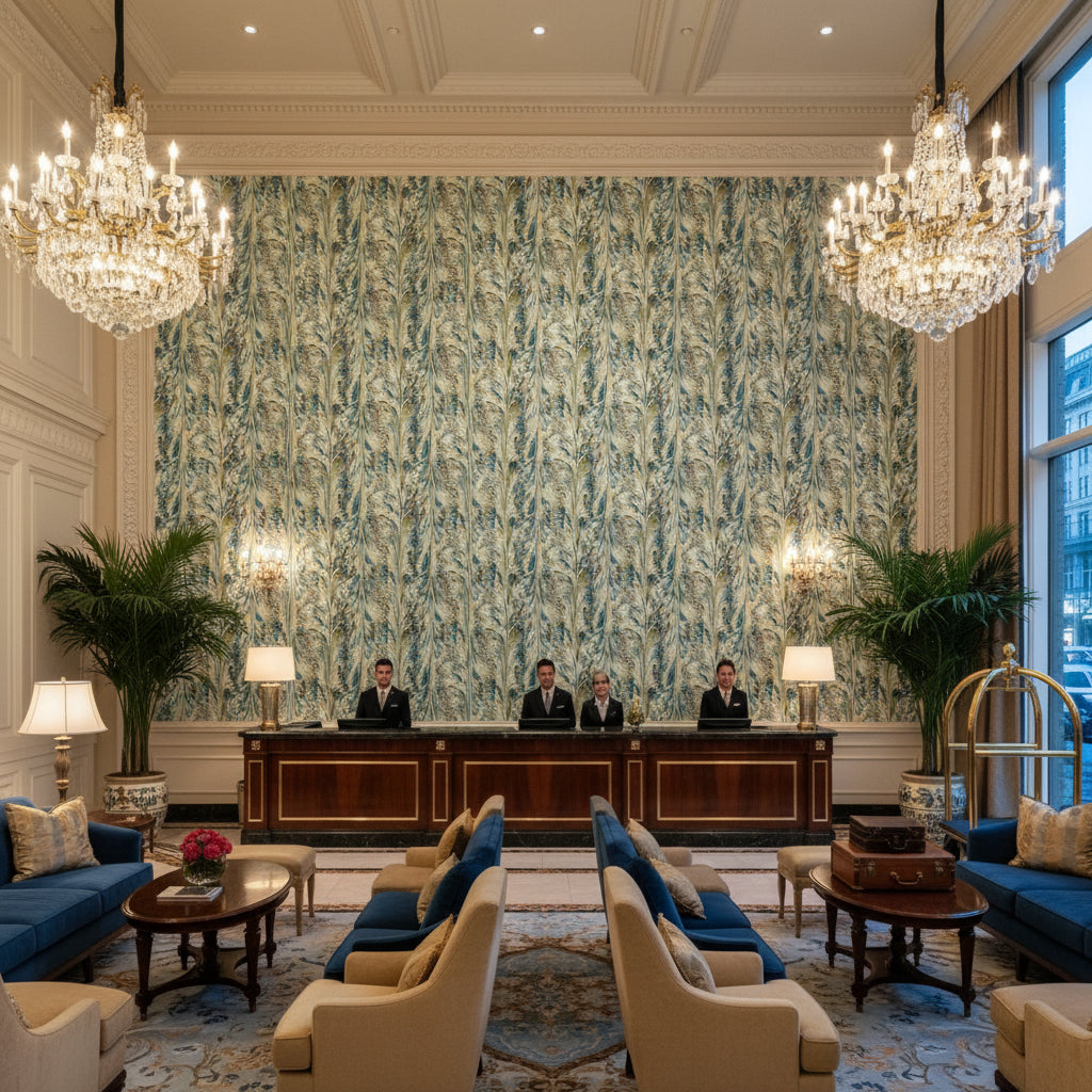 Taplow Print Peacock/Gold | Kravet - Hotel Lobby Visualization (AI-generated, may not be to scale. Verify pattern scale with product specifications.)