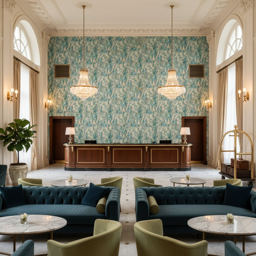 Taplow Print Marine/Sand | Kravet - Hotel Lobby Visualization (AI-generated, may not be to scale. Verify pattern scale with product specifications.)