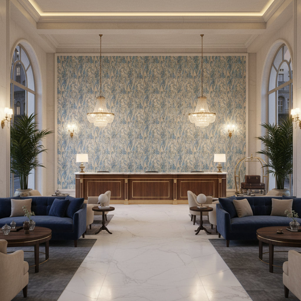 Taplow Print Capri/Sky | Kravet - Hotel Lobby Visualization (AI-generated, may not be to scale. Verify pattern scale with product specifications.)