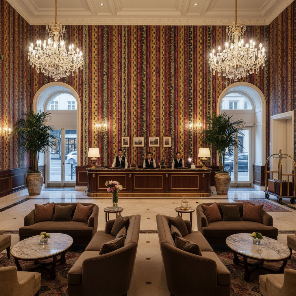 Desning Velvet Red/Blue | Kravet - Hotel Lobby Visualization (AI-generated, may not be to scale. Verify pattern scale with product specifications.)