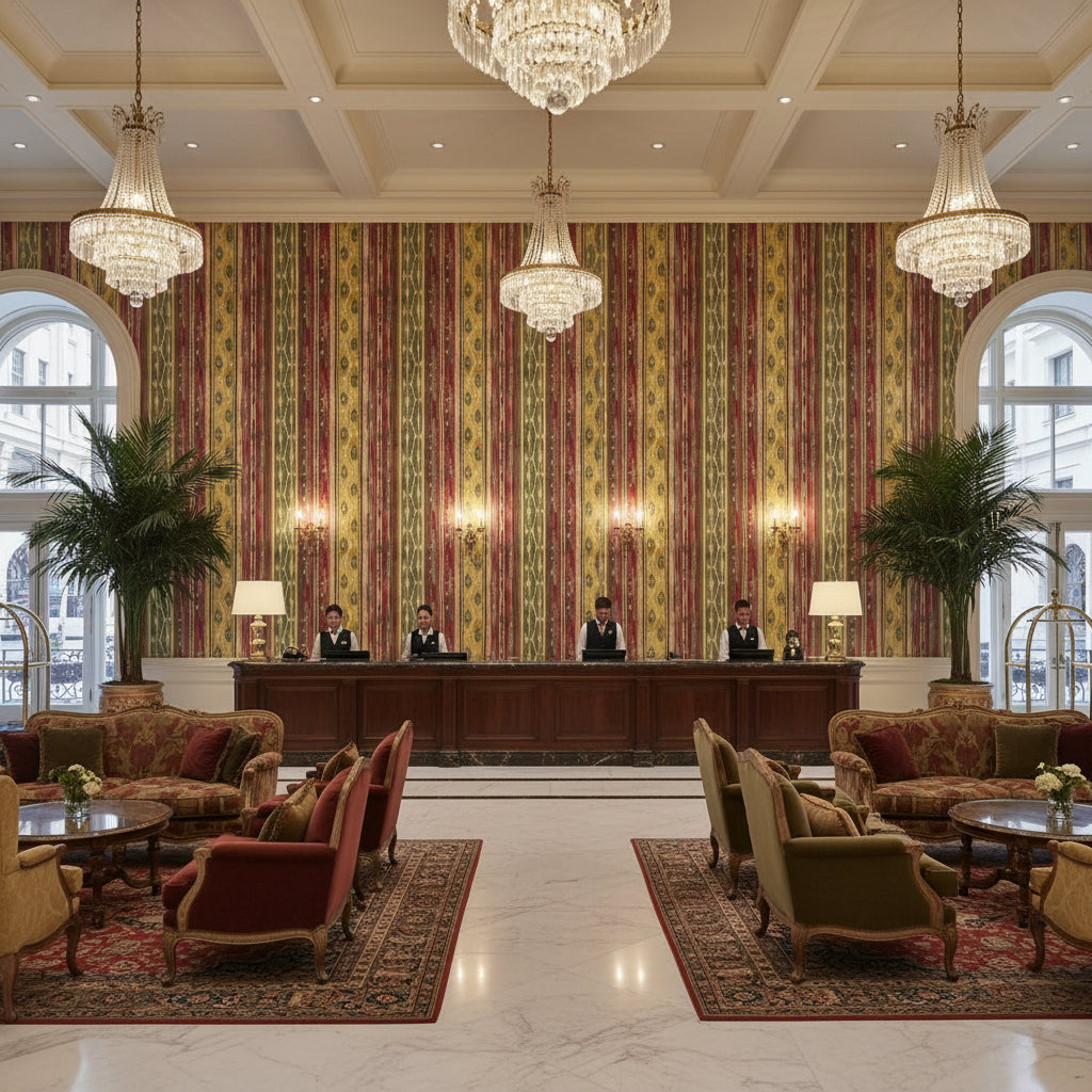 Desning Velvet Pink/Gold | Kravet - Hotel Lobby Visualization (AI-generated, may not be to scale. Verify pattern scale with product specifications.)
