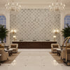 Levens Velvet Silver | Kravet - Hotel Lobby Visualization (AI-generated, may not be to scale. Verify pattern scale with product specifications.)
