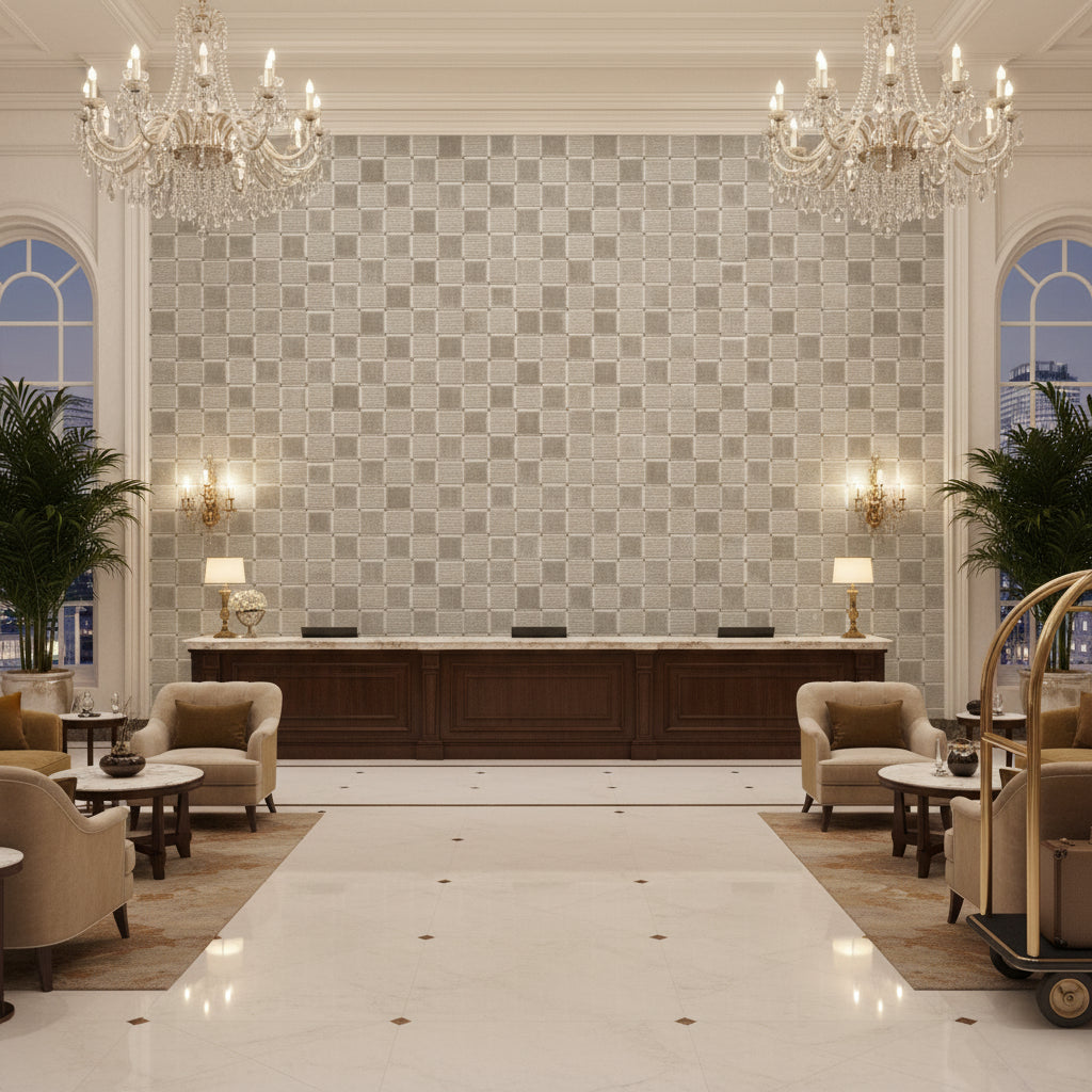 Levens Velvet Silver | Kravet - Hotel Lobby Visualization (AI-generated, may not be to scale. Verify pattern scale with product specifications.)