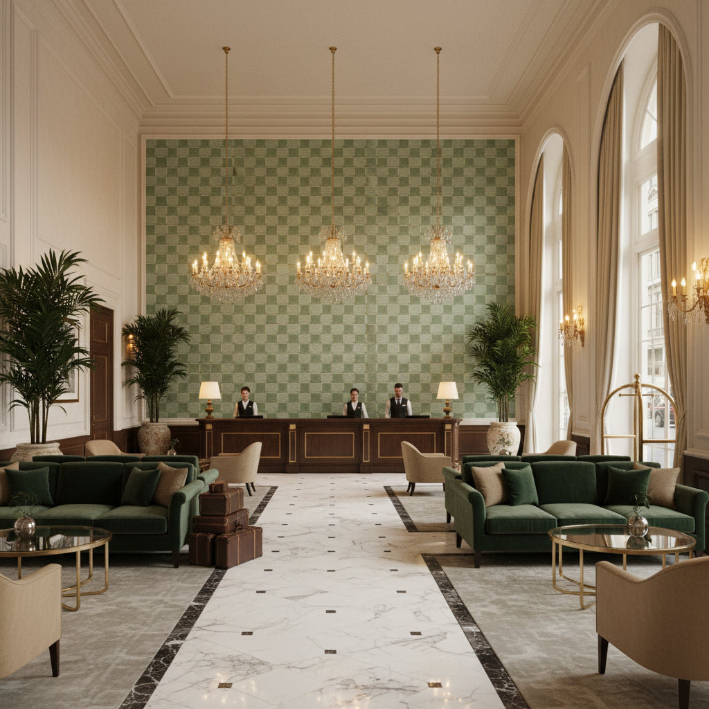 Levens Velvet Aqua | Kravet - Hotel Lobby Visualization (AI-generated, may not be to scale. Verify pattern scale with product specifications.)