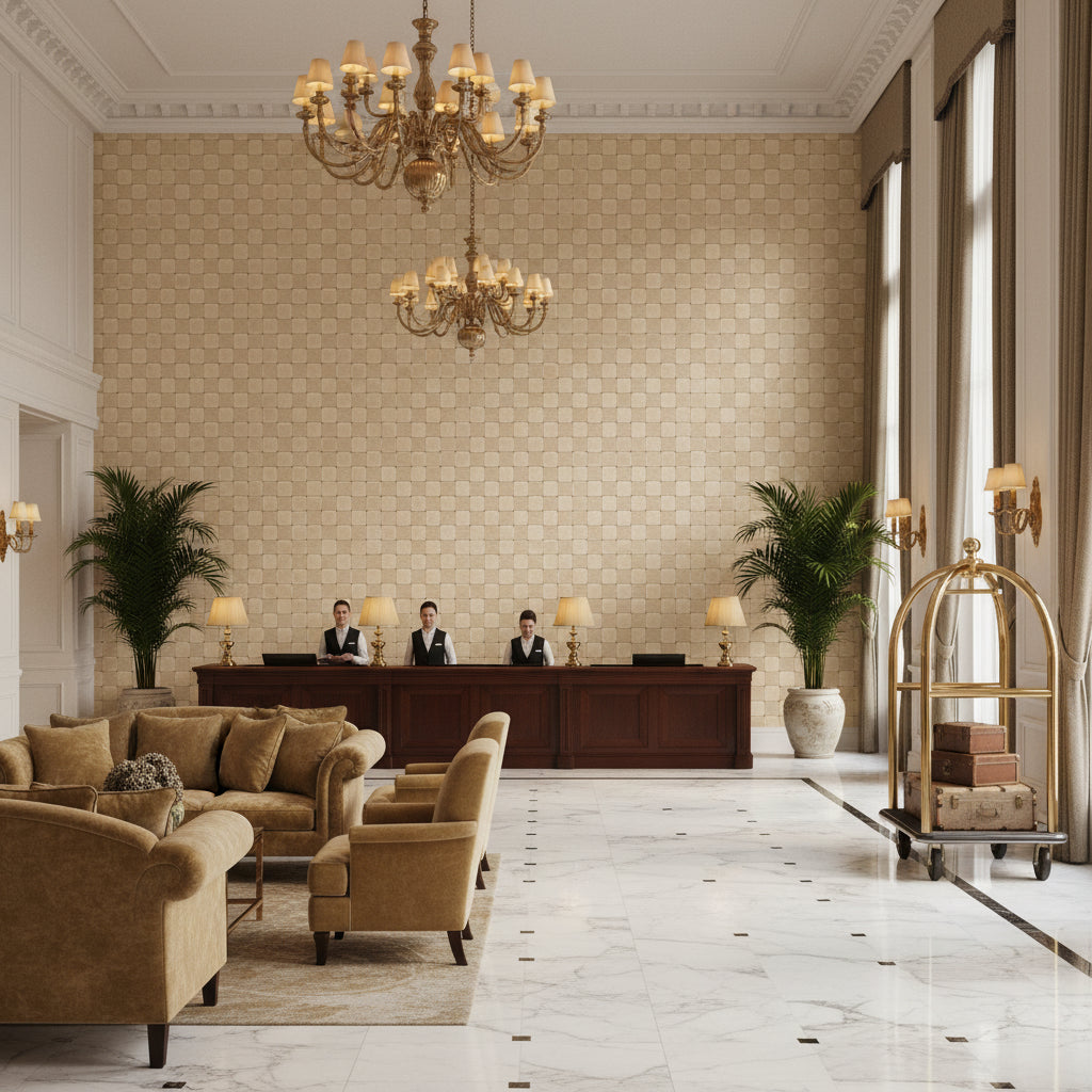 Levens Velvet Parchment | Kravet - Hotel Lobby Visualization (AI-generated, may not be to scale. Verify pattern scale with product specifications.)