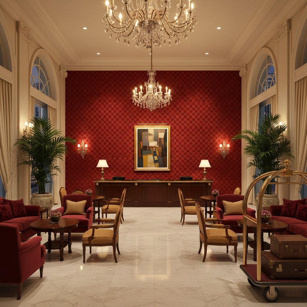 Levens Velvet Ruby | Kravet - Hotel Lobby Visualization (AI-generated, may not be to scale. Verify pattern scale with product specifications.)