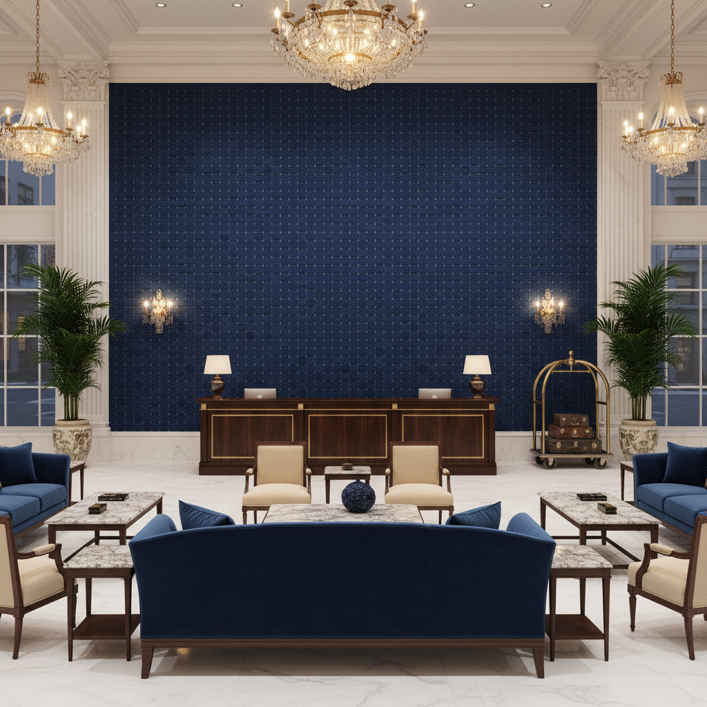 Levens Velvet Navy | Kravet - Hotel Lobby Visualization (AI-generated, may not be to scale. Verify pattern scale with product specifications.)