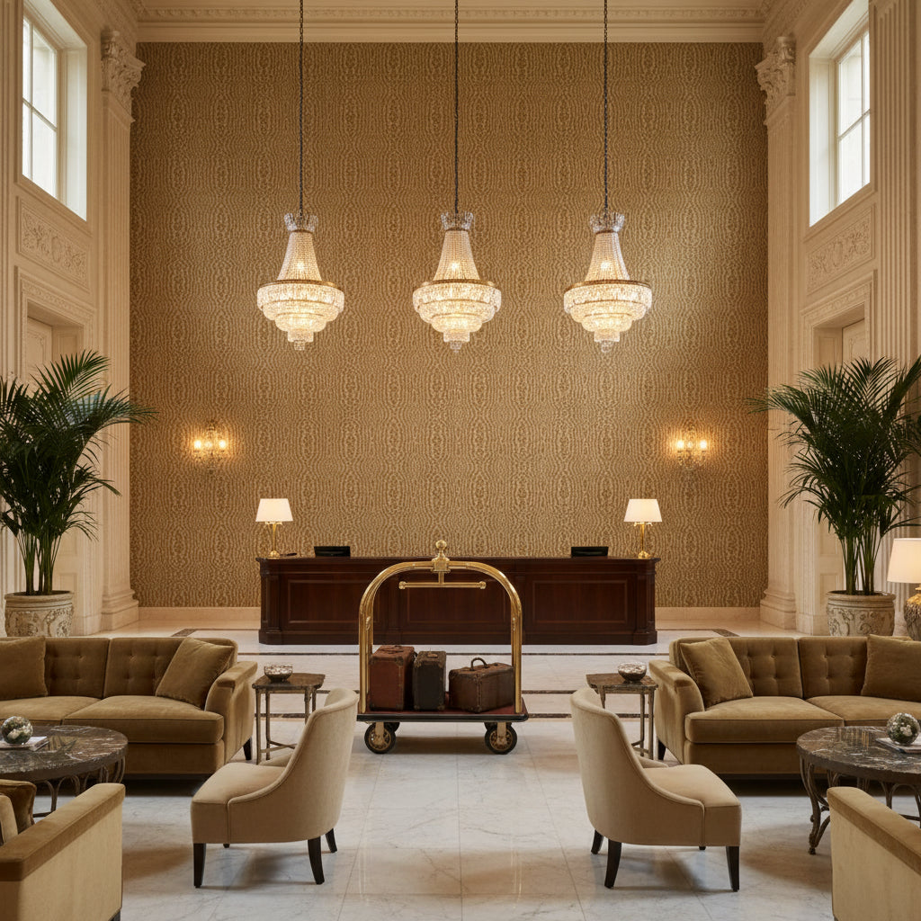 Callow Velvet Stone | Kravet - Hotel Lobby Visualization (AI-generated, may not be to scale. Verify pattern scale with product specifications.)