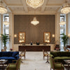 Callow Velvet Silver | Kravet - Hotel Lobby Visualization (AI-generated, may not be to scale. Verify pattern scale with product specifications.)